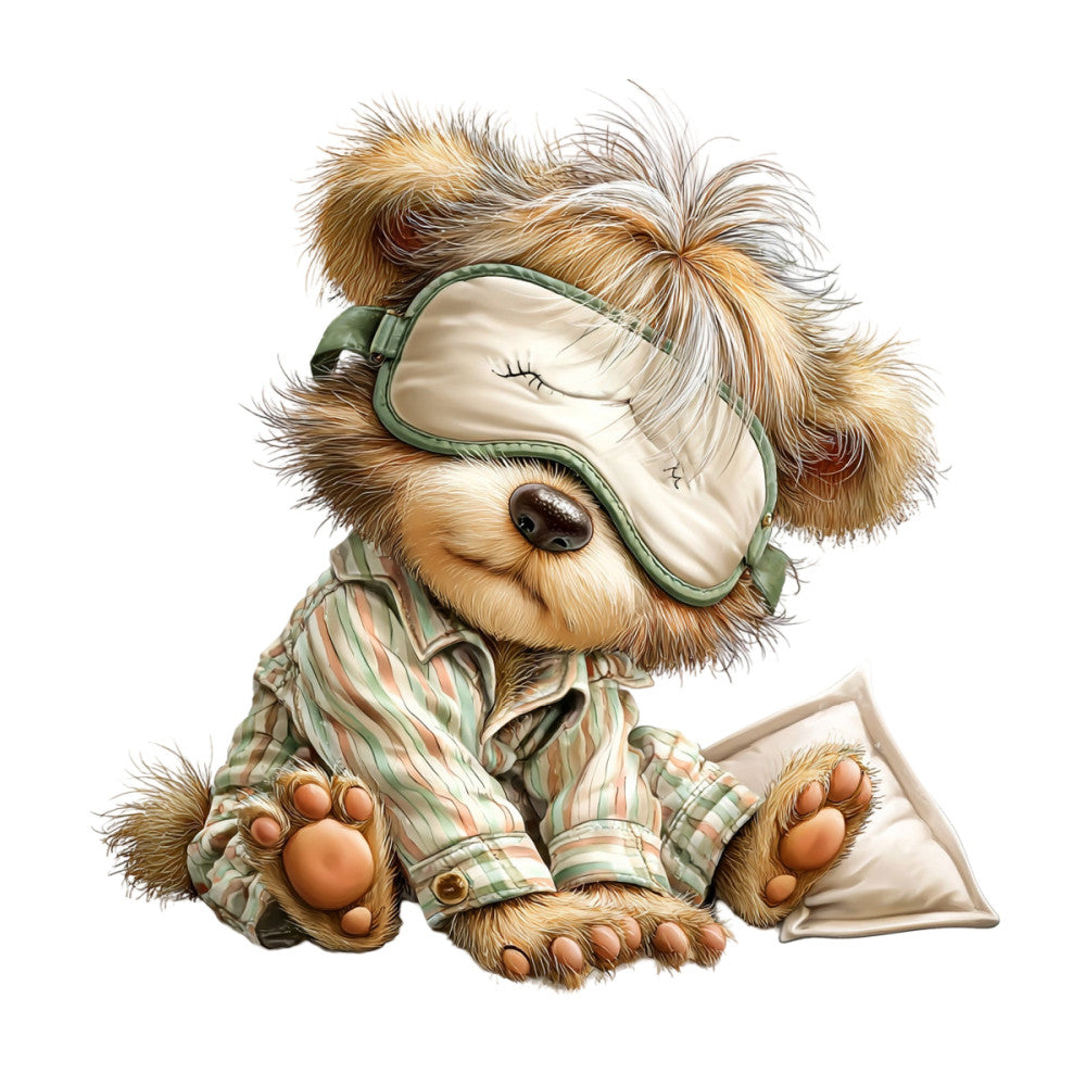 cute dog, fluffy puppy, sleeping animal, sleep mask, pajamas, striped shirt, sage green, cream, tan, brown, beige, animal characters, whimsical, playful, children's, baby, nursery, cute illustration, cartoon style, dog lover, pet themed, bedtime, cozy, plaid, character panel, quirky, funny, gift fabric