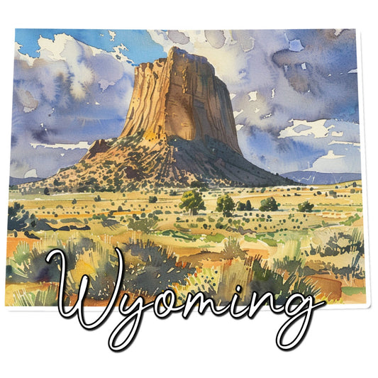 wyoming, desert landscape, butte, geological formation, vintage travel poster, golden yellow, sage green, sky blue, cream, tan, brown, landscape, nature, western, americana, rustic, vintage, travel themed, scenic, plains, sagebrush, dramatic sky, clouds, southwest, monument valley style, vintage illustration, retro print, geographical landmarks, americana heritage, natural scenery