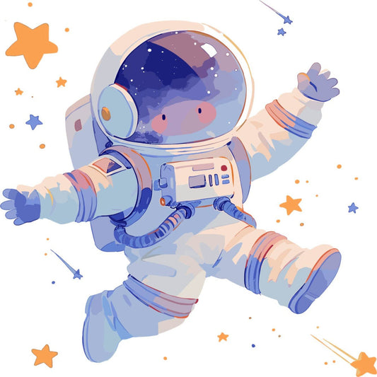 astronaut, space, celestial, stars, shooting stars, navy blue, coral pink, light blue, peach, orange, whimsical, playful, children's, baby, cosmic, adventure, explorer, floating, joy, happy, cute character, modern, illustration style, space suit, helmet, stars and stripes, nursery, baby quilt, wall hanging, kids decor
