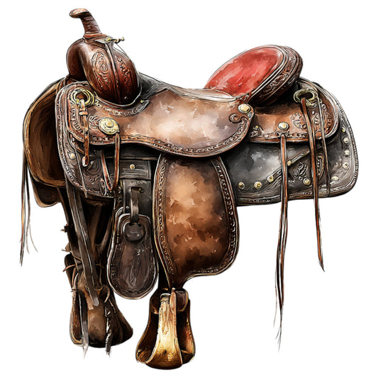 western saddle, cowboy, leather brown, rust red, burgundy, tan, gold accents, ornate detailing, horse tack, ranch style, western theme, rustic, vintage western, equestrian, country, farmhouse, decorative saddle, tooled leather, traditional western, gold studs, leather texture, saddle equipment, cowboy culture, western heritage, decorative arts, brown and rust, equine, western decor, vintage americana