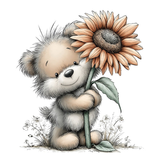 cute teddy bear, sunflower, fluffy bear, whimsical, children's fabric, baby quilt, soft neutral, cream, tan, peach, sage green, gray, animal print, nursery, storybook style, sweet, gentle, botanical, wildflowers, springtime, adorable, playful, illustration style, decorative panel, wall hanging, baby shower, gender neutral, woodland animals, heartwarming, soft colors