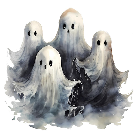 ghost, spooky, halloween, supernatural, whimsical, creepy, ethereal, charcoal gray, cream, ivory, white, misty, smoky, atmospheric, haunted, frightening, scary, spectral, ghostly, eerie, dark, moody, autumn, fall, horror, fantasy, watercolor, artistic, children's, kids