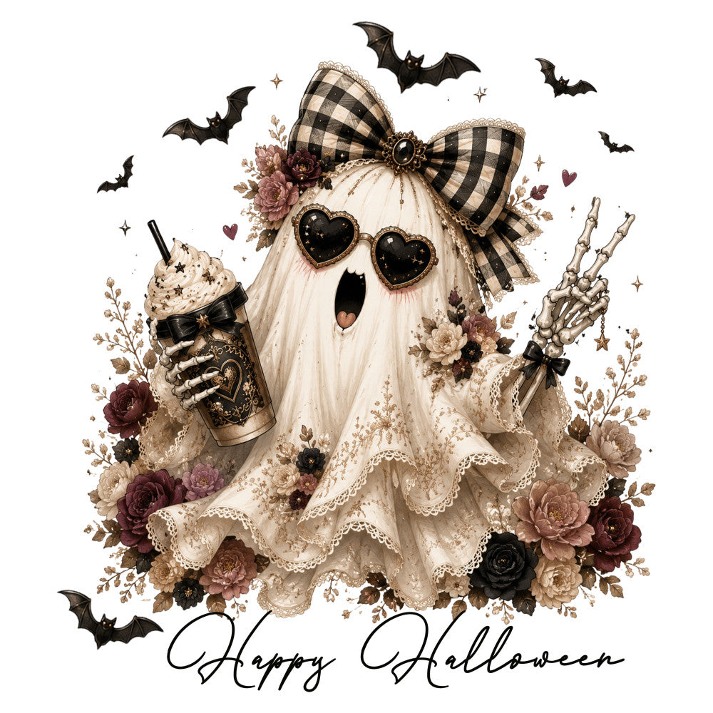 halloween, ghost, spooky, black and white gingham, checkered bow, heart-shaped sunglasses, skeleton hand, coffee drink, bats, floral, roses, dusty rose, burgundy, cream, beige, black, vintage, elegant, whimsical, gothic, lace, autumn, fall, holiday, bones, stars, dark romance, glitter, decorative, festive