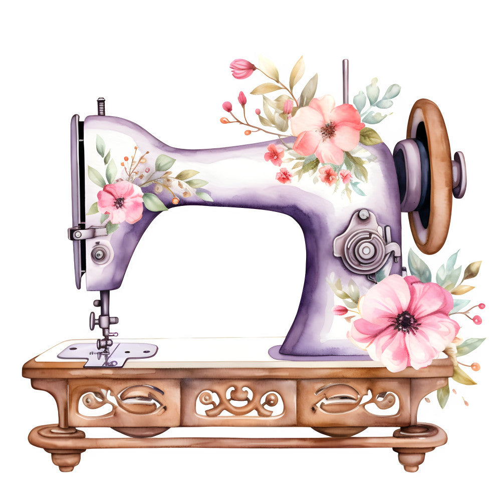 purple sewing machine, pink flowers, floral, vintage, rustic, elegant, whimsical, sewing theme, crafting, dusty rose, soft pink, cream, sage green, wooden base, ornate base, decorative details, spring, feminine, hobby, craft room, sewing room decor, embroidered flowers, botanical, cottage style, traditional, charming, needle and thread, creative crafts, pastel colors, blush pink