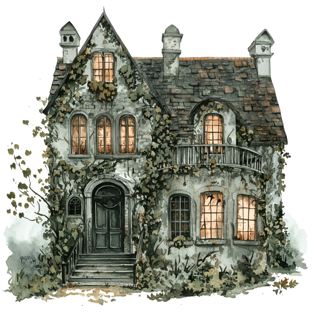 haunted house, gothic, victorian, ivy, climbing vines, stone cottage, architectural, whimsical, fairy tale, storybook, enchanted, vintage, dark academia, moody, sage green, slate gray, cream, warm white, grey stone, illuminated windows, turrets, chimneys, ivy covered, gothic revival, literary, magical, autumn, spooky, fairytale cottage, wall hanging