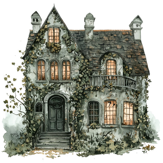haunted house, gothic, victorian, ivy, climbing vines, stone cottage, architectural, whimsical, fairy tale, storybook, enchanted, vintage, dark academia, moody, sage green, slate gray, cream, warm white, grey stone, illuminated windows, turrets, chimneys, ivy covered, gothic revival, literary, magical, autumn, spooky, fairytale cottage, wall hanging