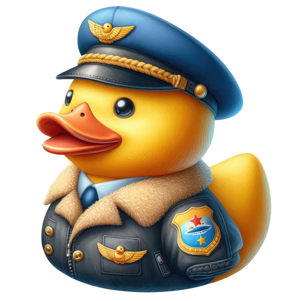 pilot duck, yellow duck, navy blue, gold accents, orange bill, whimsical, cute animals, children's fabric, baby quilt, nautical theme, aviation, military uniform, captain hat, wings emblem, adorable characters, playful style, sky blue, tan details, novelty print, kids fabric, nursery decor, storybook style, decorative panel, wall hanging, child-friendly, character fabric, transport theme, aviator, cheerful colors