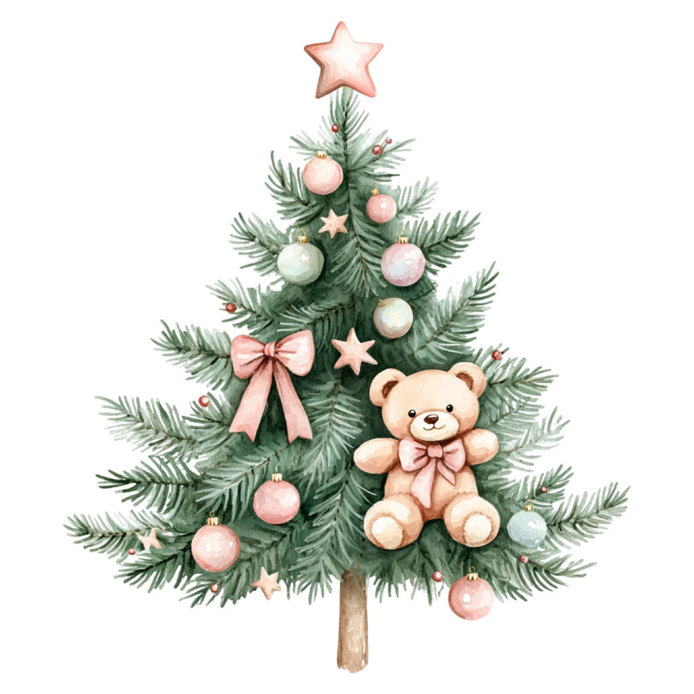 christmas, holiday, winter, pastel pink, dusty rose, cream, soft green, forest green, teddy bear, star, bow, ornament, baubles, evergreen, festive, whimsical, sweet, gentle, soft, nursery, baby, children's, cute, decorative, traditional, elegant, nostalgic, vintage-inspired, gift-worthy
