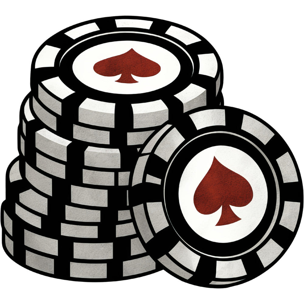 black, white, red, burgundy, poker chips, casino, spades symbol, stacked chips, gaming, gambling, watercolor style, fabric panel, quilting cotton, geometric pattern, circular design, entertainment theme, card suit, striped edges, monochrome accent, craft material