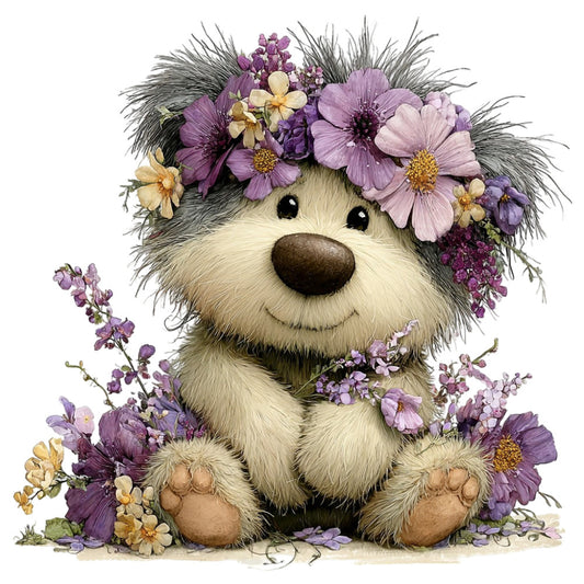 fluffy animal, cute hedgehog, purple flowers, lavender, mauve, dusty purple, cream, ivory, soft colors, floral arrangement, daisy, cosmos, decorative flowers, whimsical, sweet, adorable, springtime, garden theme, nature, botanical, children's fabric, nursery, baby quilt, wall hanging, decorative panel, soft aesthetic, pastel colors, playful character