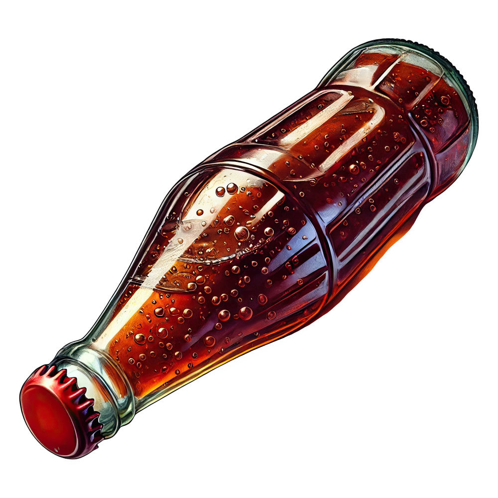 cola bottle, soft drink, beverage, dark red, deep red, burgundy, amber, golden brown, photorealistic, realistic, 3d illustration, vintage, retro, nostalgic, classic, americana, kitchen, food and beverage, carbonated drink, soda, refreshment, collectible, mid-century, decorative, whimsical, fun, playful
