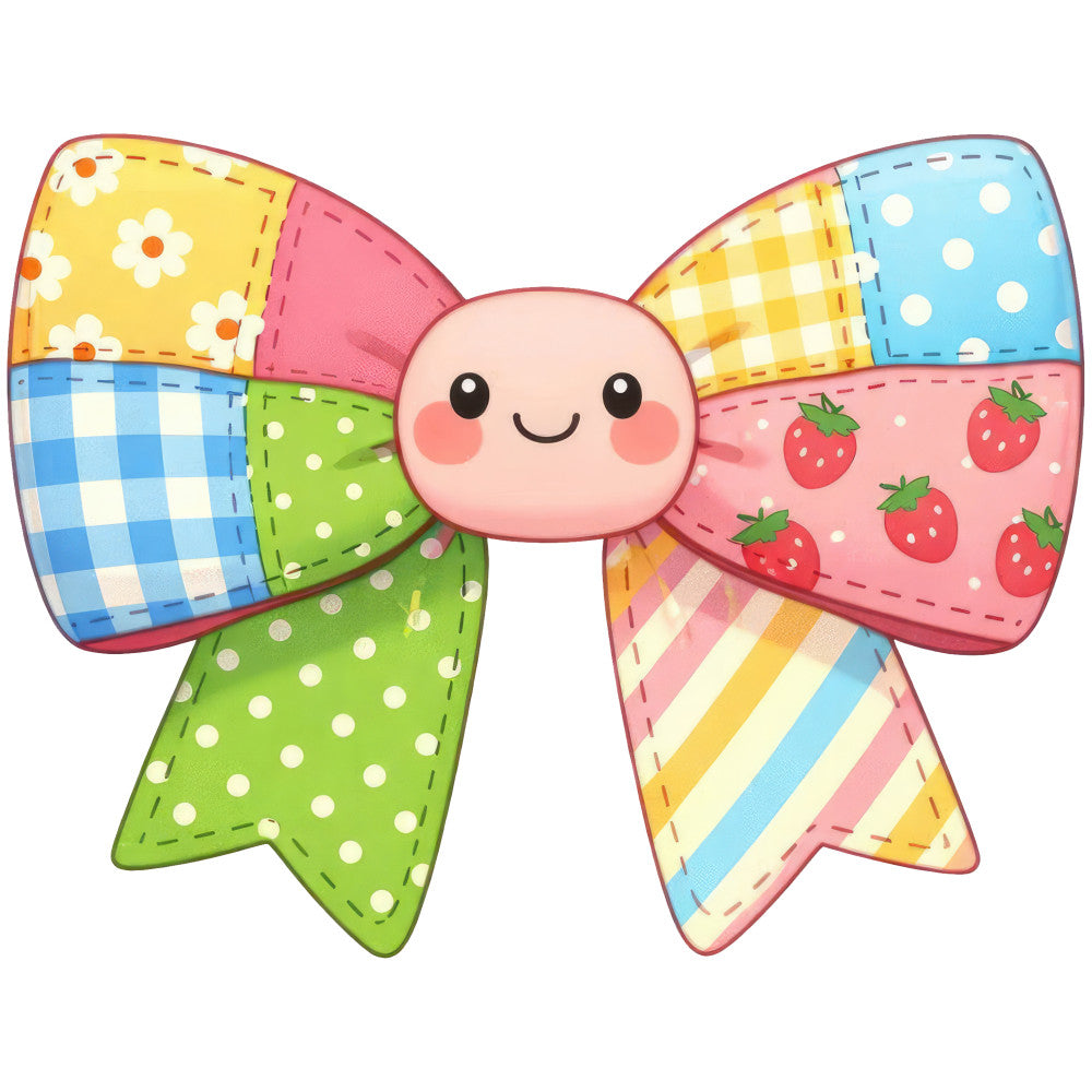 cute bow, whimsical, pastel yellow, pastel blue, pastel green, coral pink, polka dots, gingham check, plaid, floral, strawberry, daisy flowers, striped, patchwork, playful, cheerful, spring, baby quilt, children's fabric, nursery, sweet, feminine, colorful, stitched details, kawaii, adorable bow tie, multi-color, gingham stripe