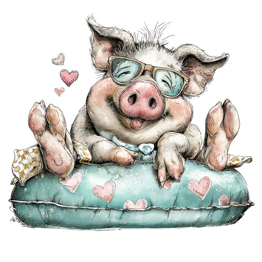 whimsical pig, cute animals, farmhouse, hearts, glasses, playful, children's fabric, nursery, pastel colors, dusty rose, sage green, cream, light blue, love themed, animal characters, sweet, adorable, kids fabric, humorous, countryside, farm animals, panel fabric, baby quilt, gender neutral, cozy, charming, vintage style, illustration, decorative motif