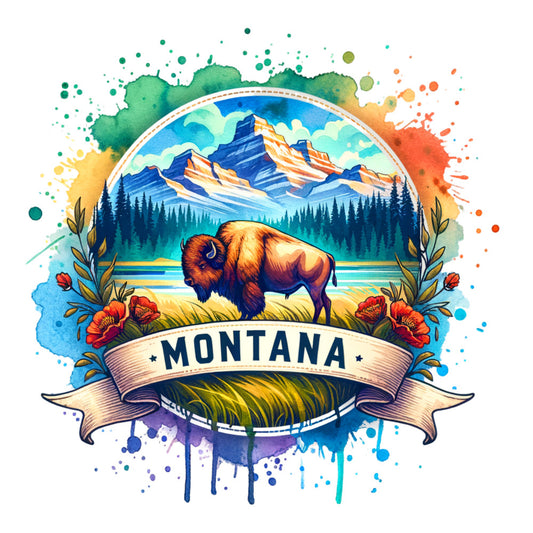 US States Retro Travel Fabric Panel 23 featuring Montana with a bison, mountains, and colorful watercolor design on premium quilting cotton