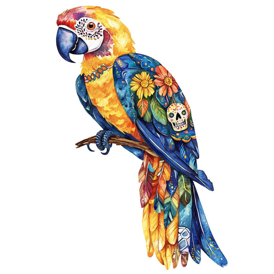 parrot, macaw, colorful birds, tropical, blue, golden yellow, orange, red, purple, floral, flowers, daisies, skull, day of the dead, dia de los muertos, folk art, bohemian, whimsical, artistic, hand-painted style, nature, animal print, vibrant colors, multicolor, decorative, cultural, artistic birds, feathered friends, botanical, festive