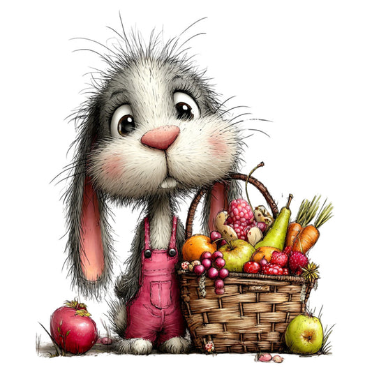 cute bunny, rabbit, garden, harvest, pink, cream, white, gray, charcoal, coral pink, sage green, rustic brown, whimsical, woodland, farmhouse, nursery, children's, animals, fruits, vegetables, baskets, spring, summer, harvest time, country, folk art, illustrative, storybook, baby, kids