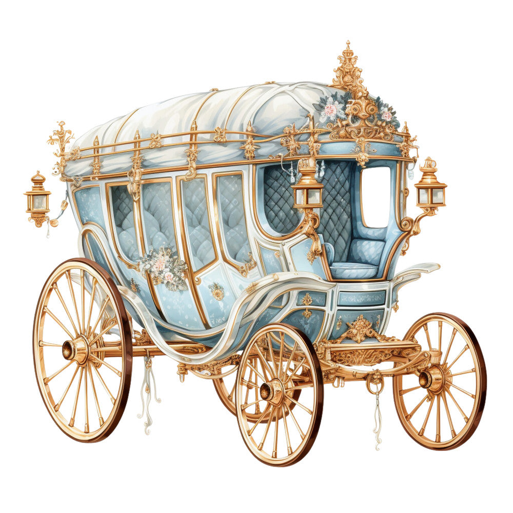 royal carriage, ornate coach, powder blue, gold trim, baroque ornaments, vintage transportation, quilted upholstery, decorative lanterns, spoked wheels, luxurious interior, rococo details, fairytale carriage, fabric panel, cotton print, elaborate scrollwork, pearl accents, regal vehicle, antique coach, ornamental design, pastel colors