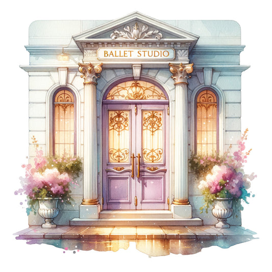ballet studio, architectural facade, purple doors, ornate columns, watercolor style, floral arrangements, decorative ironwork, pediment detail, lavender, sage green, coral pink, elegant entrance, fabric panel, quilting cotton, artistic illustration, dance theme, european architecture, soft pastels