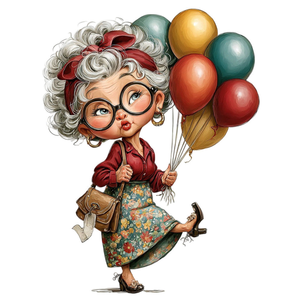 whimsical, vintage character, eyeglasses, gray hair, red shirt, floral skirt, balloons, gold balloon, red balloon, teal balloon, playful, retro style, cheerful, fun character print, novelty print, grandma theme, elderly woman, character illustration, vibrant colors, festive, celebration, party theme, cream, burgundy red, forest green, golden yellow, brown bag, quirky style, folk art inspired, cheerful elderly character