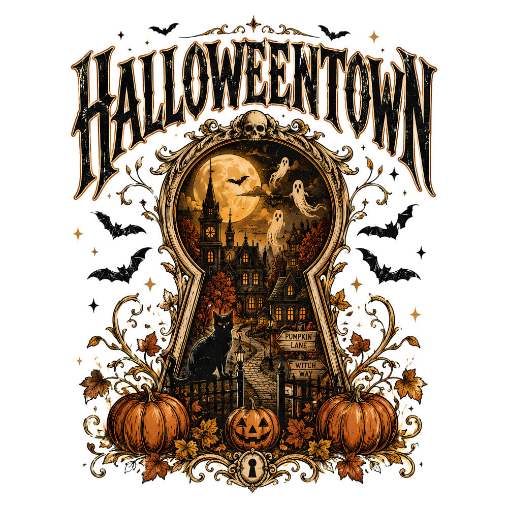 halloween, autumn, fall, spooky, gothic, haunted house, pumpkins, ghosts, bats, moon, full moon, black cat, jack-o-lantern, witchy, witch theme, gold, orange, black, cream, vintage, ornate, elegant, decorative frame, baroque, ornamental, seasonal, holiday, trick-or-treat, dark academia, moody