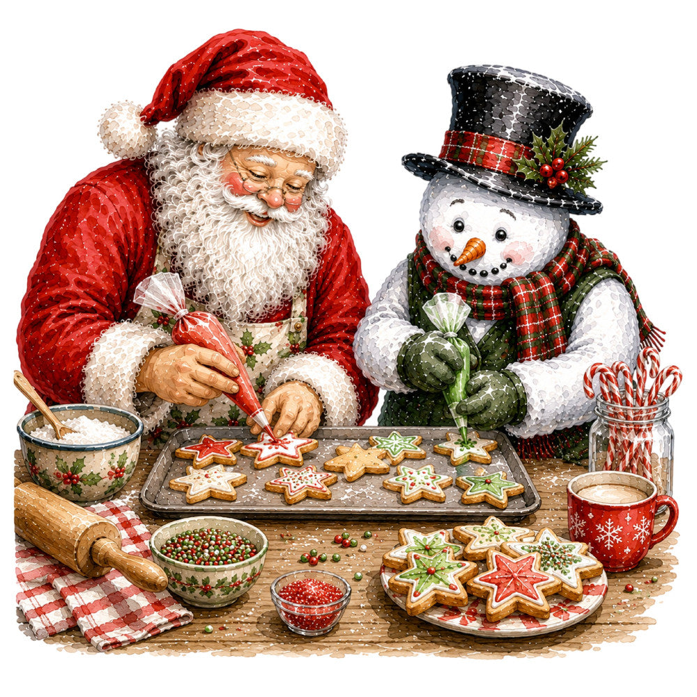 santa claus, snowman, gingerbread cookies, christmas, holiday, red, cream, white, forest green, plaid, tartan, festive, whimsical, vintage, traditional, baking, kitchen, winter, decorative, gingerbread man, candy canes, holly, beige, chocolate brown, folk art, nostalgic, seasonal, christmas baking, holiday gathering