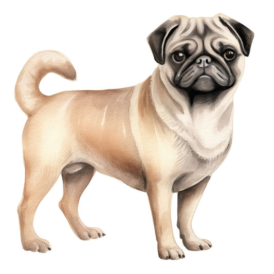 Watercolor Pug Fabric Panel 27 featuring a detailed, premium quality quilting cotton print of a pug dog in soft watercolor tones.