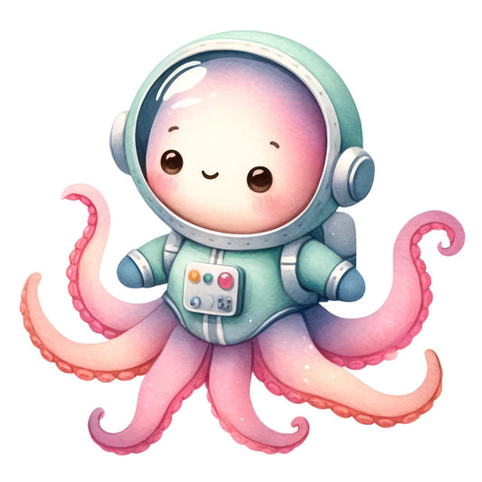cute octopus, space theme, astronaut, outer space, whimsical, playful, children's, baby, mint green, coral pink, dusty blue, pastel colors, soft colors, gradient, adorable, kawaii style, sci-fi, adventure theme, nursery, wall art, novelty, modern, friendly character, smiling face, headphones, control panel, underwater creature, gender neutral, kid's decor