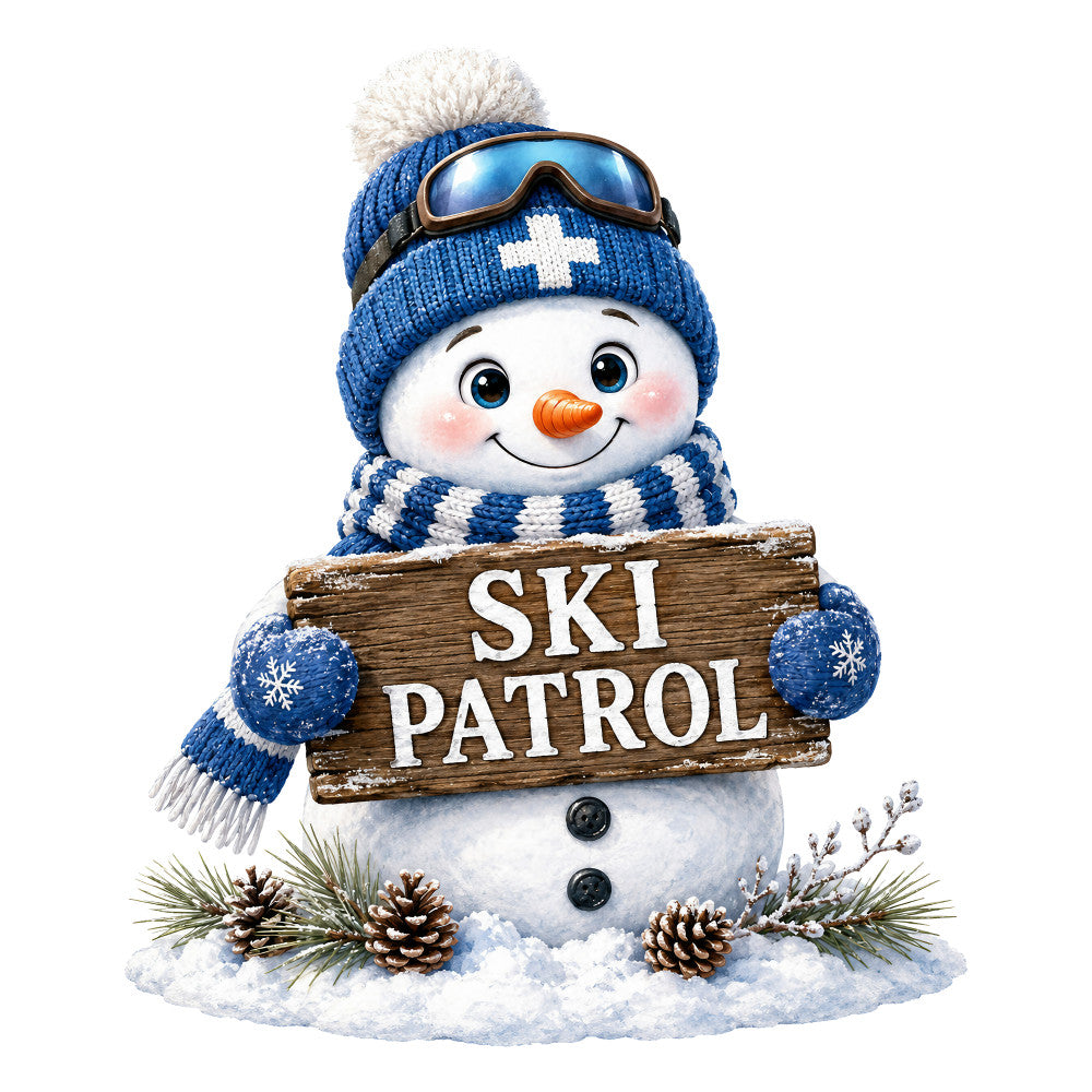 ski patrol, snowman, winter, holiday, christmas, blue and white, navy blue, white, orange, snow, skis, goggles, striped, whimsical, playful, cute, festive, seasonal, winter sports, children, kids, alpine, mountain, snow scene, pinecones, evergreen, rustic, cheerful