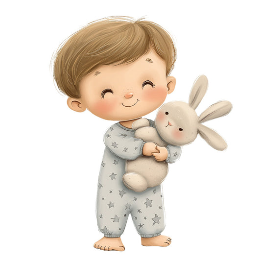 baby boy, toddler, child, cute, whimsical, soft, gentle, nursey, gray, taupe, cream, beige, tan, stars, bunny, rabbit, pajamas, bedtime, sweet dreams, sleepy, dreamy, celestial, soft colors, pastel, gender neutral, baby shower, nursery decor, children's clothing, lullaby, peaceful