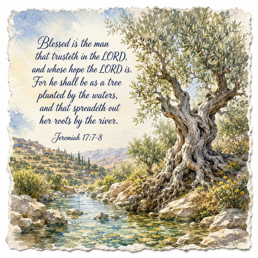 olive green, sage green, cream, blue, gold, tan, earth tones, landscape, religious, scripture, biblical, nature, trees, water, river, mountains, pastoral, inspirational, spiritual, faith-based, traditional, elegant, rustic, peaceful, serene, garden, botanical, old world, vintage, wall art