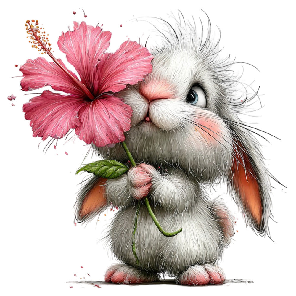 cute bunny, rabbit, pink hibiscus, floral, animals, whimsical, children's, baby, spring, easter, fluffy, fuzzy, coral pink, hot pink, white, gray, orange ears, nature, sweet, playful, nursery, baby quilt, wall hanging, appliqué, illustrative, charming, woodland, gentle, soft colors