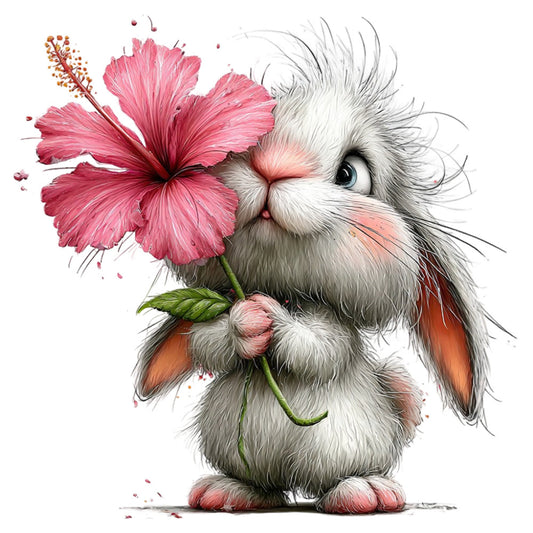cute bunny, rabbit, pink hibiscus, floral, animals, whimsical, children's, baby, spring, easter, fluffy, fuzzy, coral pink, hot pink, white, gray, orange ears, nature, sweet, playful, nursery, baby quilt, wall hanging, appliqué, illustrative, charming, woodland, gentle, soft colors