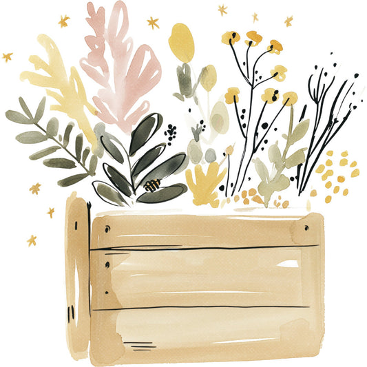 wooden crate, botanical, wildflowers, sage green, cream, pale yellow, dusty rose, blush pink, gold stars, nature, whimsical, rustic, farmhouse, spring, garden flowers, delicate florals, hand-painted style, vintage, cottage core, pastel colors, yellows and greens, botanical illustration, stars, leaves, branches, modern farmhouse, neutral tones, soft colors, baby quilt, wall hanging
