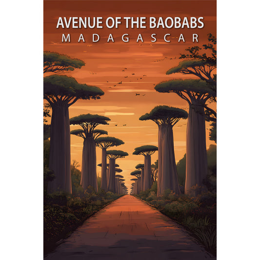 orange sunset, baobab trees, madagascar landscape, travel poster, fabric panel, warm amber tones, golden sky, dirt road, african scenery, vintage poster art, tropical trees, scenic pathway, birds flying, silhouette design, tourism theme, exotic destination, cotton panel, quilting fabric, sunset colors, nature illustration