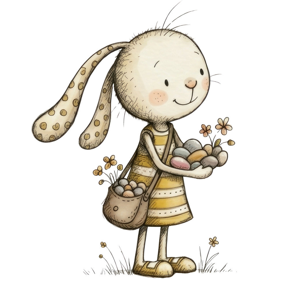 bunny rabbit, cute animals, whimsical, children's, baby, neutral colors, cream, beige, tan, brown, yellow, soft colors, pastel, sweet, innocent, flowers, floral, nature, spring, charming, illustration, storybook, nursery, baby quilt, wall hanging, playful, gentle, countryside, folk art, hand-drawn
