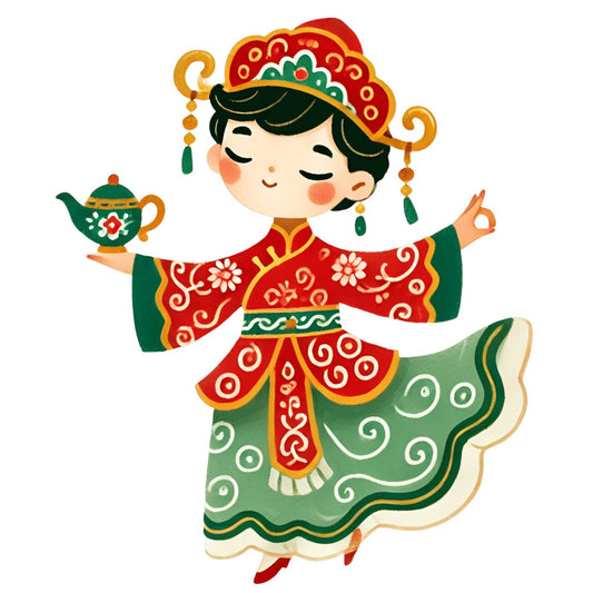 forest green, red, gold, cream, asian inspired, cultural, teapot, ornamental, decorative, whimsical, traditional, elegant, figure, woman, costume, cultural dress, floral motifs, scrollwork, curled designs, chinoiserie, vintage, festive, cheerful, happy, decorative arts, oriental style, detailed patterns, ornate, embellished, wall hanging