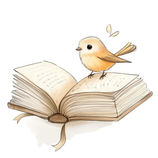 cream, tan, beige, golden yellow, warm orange, rust brown, whimsical, vintage, nature, birds, book, reading, literary, leaves, falling leaves, spring, gentle, soft, delicate, illustration, storybook, children's, nursery, peaceful, botanical, artistic, watercolor style, cute animals, inspirational, educational