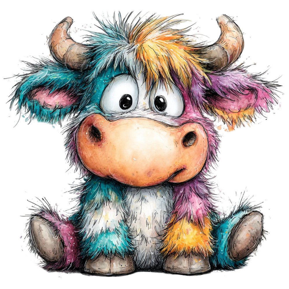 colorful, multicolor, teal, purple, pink, yellow, orange, cream, whimsical, cute, animal, Highland cattle, cow, bull, horns, fluffy, playful, children's, kids, modern, artistic, watercolor, painted, folk art, farmhouse, nursery, baby, charming, quirky