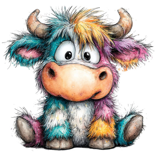 colorful, multicolor, teal, purple, pink, yellow, orange, cream, whimsical, cute, animal, Highland cattle, cow, bull, horns, fluffy, playful, children's, kids, modern, artistic, watercolor, painted, folk art, farmhouse, nursery, baby, charming, quirky