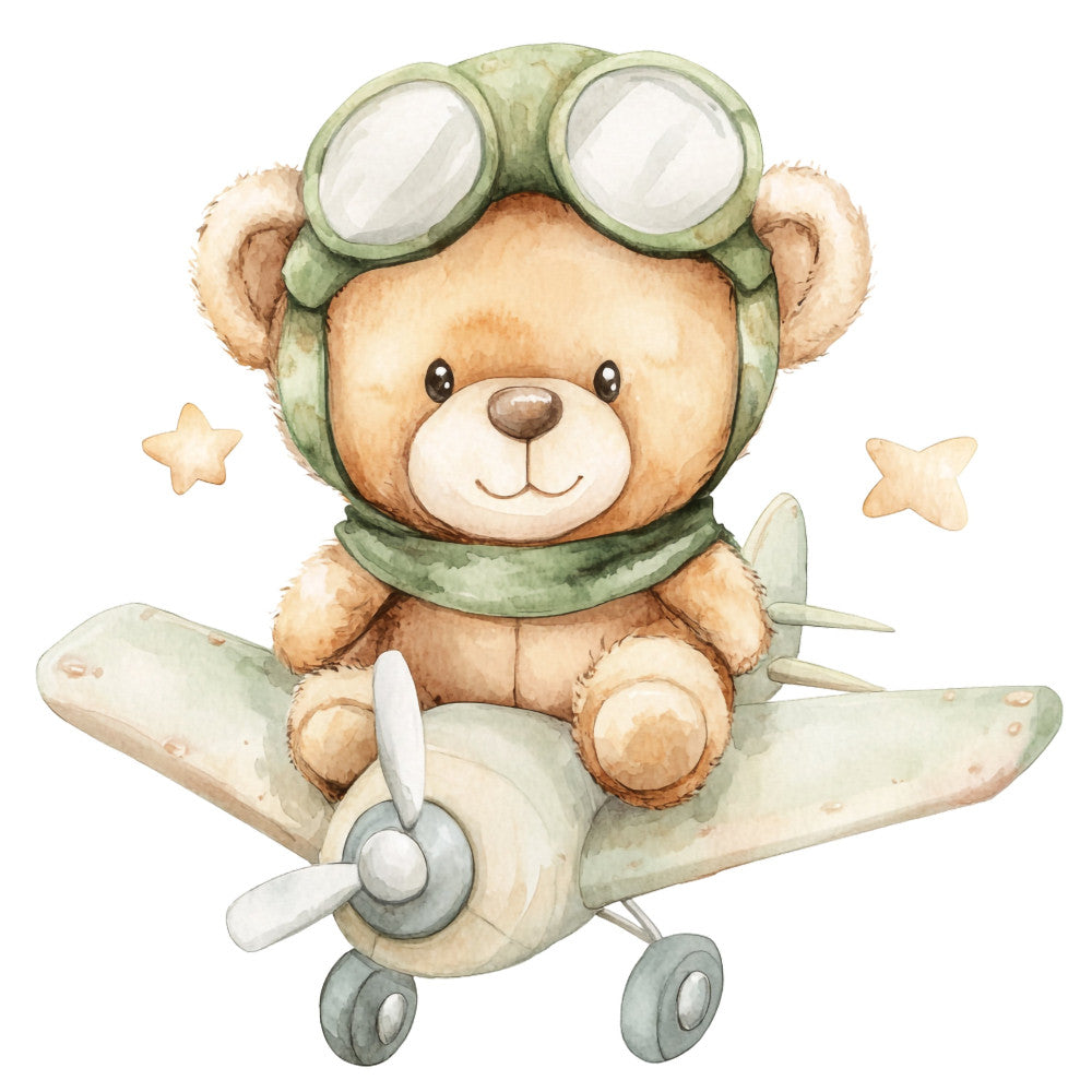 teddy bear, airplane, pilot, aviator, sage green, cream, tan, brown, soft yellow, whimsical, cute, nursery, baby, children, animals, vintage, retro, adventure, travel, flying, stars, playful, gentle, storybook, illustration, watercolor, boy, girl, neutral, timeless