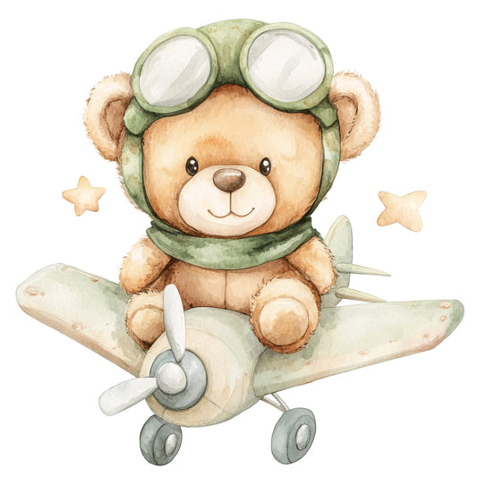 teddy bear, airplane, pilot, aviator, sage green, cream, tan, brown, soft yellow, whimsical, cute, nursery, baby, children, animals, vintage, retro, adventure, travel, flying, stars, playful, gentle, storybook, illustration, watercolor, boy, girl, neutral, timeless