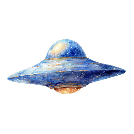 ufo, flying saucer, space, celestial, sci-fi, science fiction, retro futuristic, blue, navy blue, cream, tan, bronze, copper, metallic, whimsical, vintage, mid-century modern, alien, spacecraft, outer space, fantasy, novelty, children's, playful, imaginative, quirky, steampunk style, adventure theme
