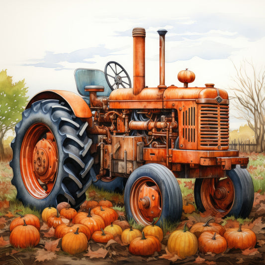 orange tractor, vintage farm, autumn harvest, pumpkins, fall, rustic, farmhouse, burnt orange, terracotta, slate blue, countryside, agricultural, retro tractor, harvest season, farm equipment, nostalgic, traditional, pastoral, seasonal decor, thanksgiving, halloween, wall hanging, farm life, rural, steampunk, mechanical, agricultural heritage, fall colors, golden hour