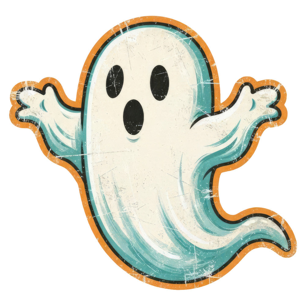 ghost, halloween, spooky, cream, ivory, teal, turquoise, orange, vintage style, retro, whimsical, playful, festive, horror, supernatural, haunted, trick or treat, fall, autumn, october, holiday, children's, kid friendly, ghost face, three eyes, surprised expression, quirky, fun, decorative