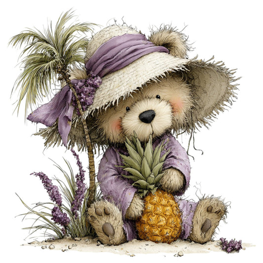 bear, teddy bear, pineapple, tropical, beach, whimsical, cute, adorable, purple, lavender, cream, tan, beige, gold, nature, animals, children, kids, nursery, baby, straw hat, palm fronds, coastal, summer, lighthearted, playful, illustration, botanical, character, decorative