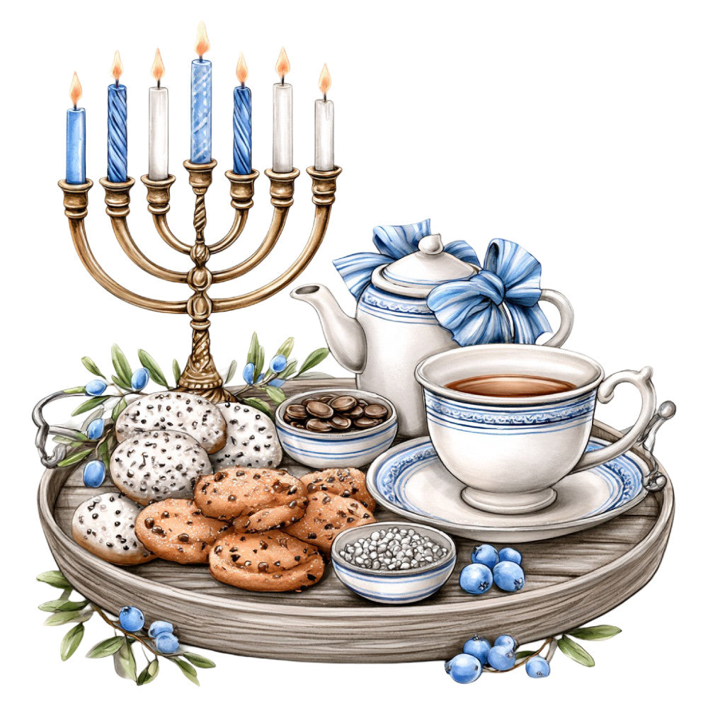 menorah, hanukkah, jewish holiday, blue and white, cream, gold, tea time, teapot, teacup, cookies, blueberries, botanical, floral, vintage, elegant, traditional, cultural, religious, tableware, dessert, breakfast, ceremonial, decorative, home décor, traditional pattern, delicate, sophisticated, heritage