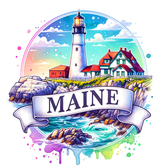 US States Retro Travel Fabric Panel 48 featuring a vibrant Maine lighthouse scene on premium quilting cotton fabric.