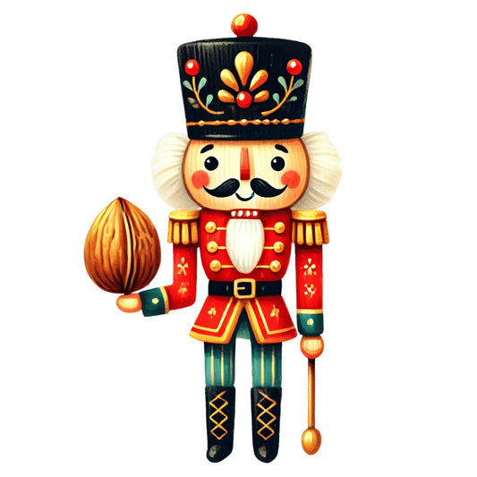 nutcracker, christmas, holiday, festive, red, gold, black, cream, white, traditional, vintage, whimsical, folk art, soldier, decorative, floral, ornamental, beaded details, winter, seasonal, elegant, formal, toy soldier, marching band, military uniform, european, classic, decorative arts, red and gold, holiday decor