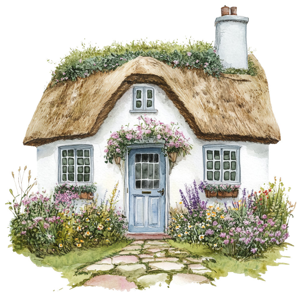 cottage, thatched roof, english countryside, watercolor style, fabric panel, quilting cotton, pastoral scene, garden flowers, blue door, white walls, stone pathway, pink flowers, purple blooms, chimney, window boxes, country home, botanical elements, soft pastels, rustic charm, vintage illustration