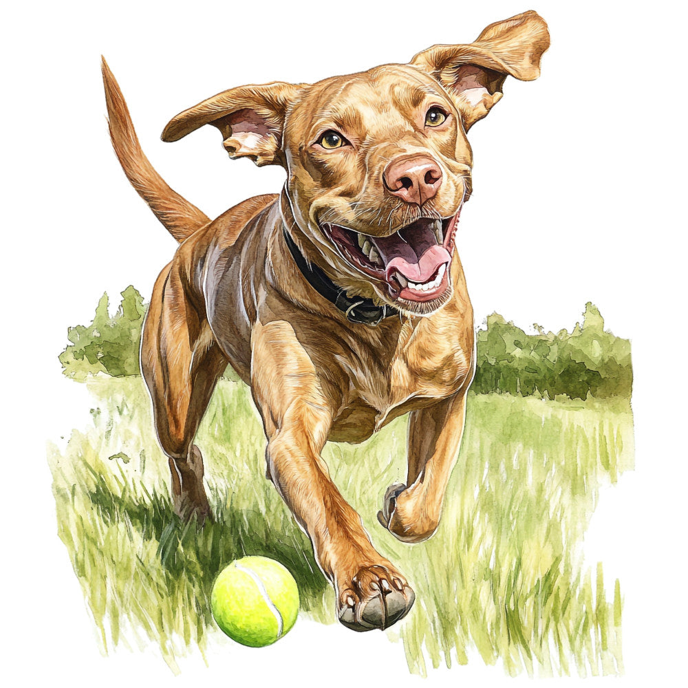 dog, golden brown, tan, cream, grass green, olive green, tennis ball, happy dog, running dog, playful dog, pet, animal, nature, outdoor, field, sports, dog lover, whimsical, watercolor, illustrated, portrait, summer, active, energetic, cheerful, cute, friendly